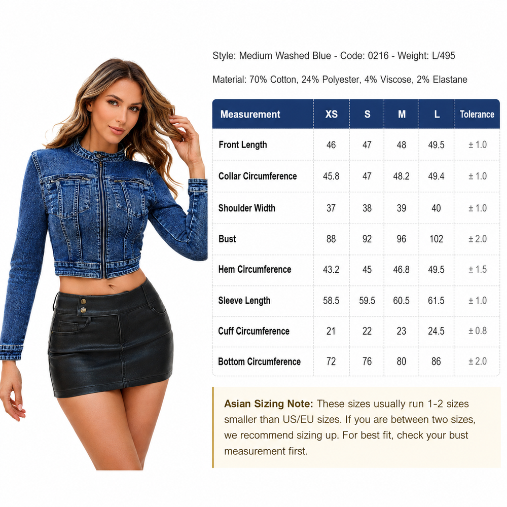 Women's short jean jacket with dark blue denim look, zip front, collarless neckline, and waist-length crop for daily outfits.