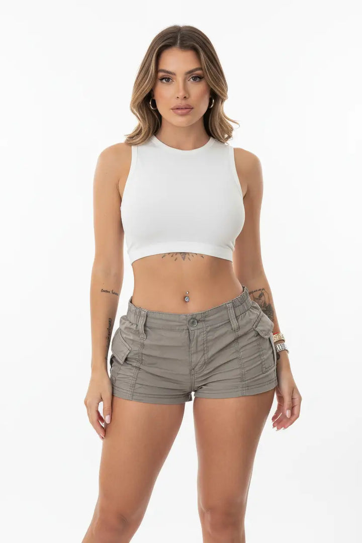 casual blue shorts women side profile showing asymmetric front panel smooth texture