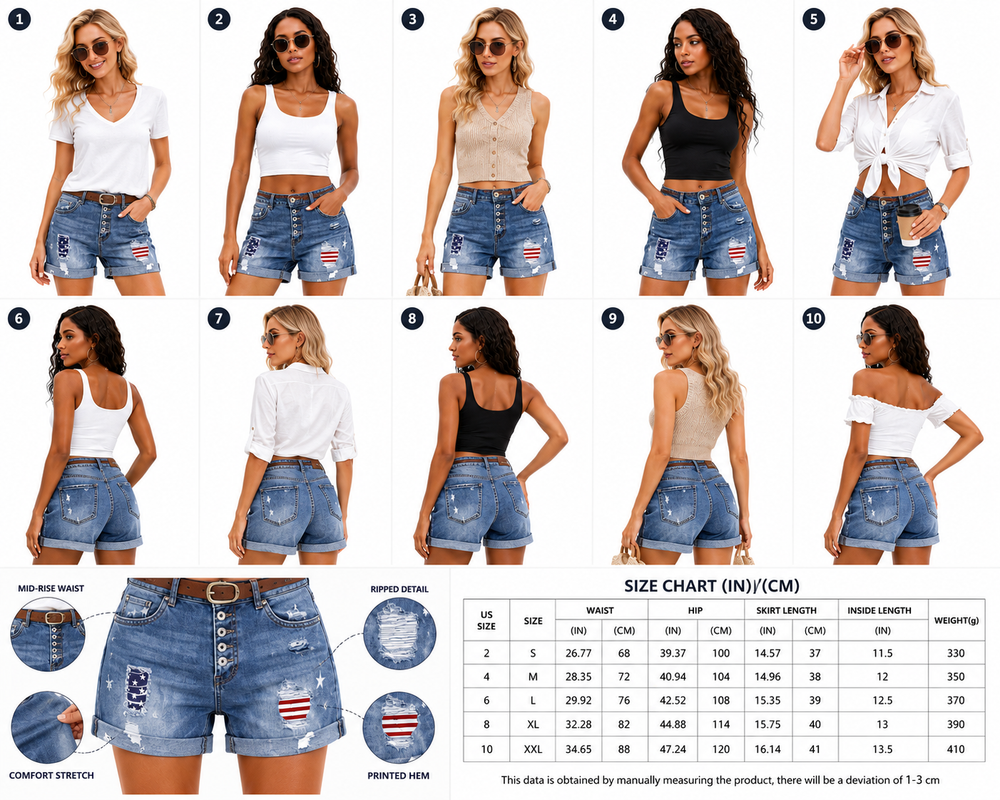 Women's ripped denim shorts with a white shirt, highlighting the mid-rise waist, button front and neat printed patch details.
