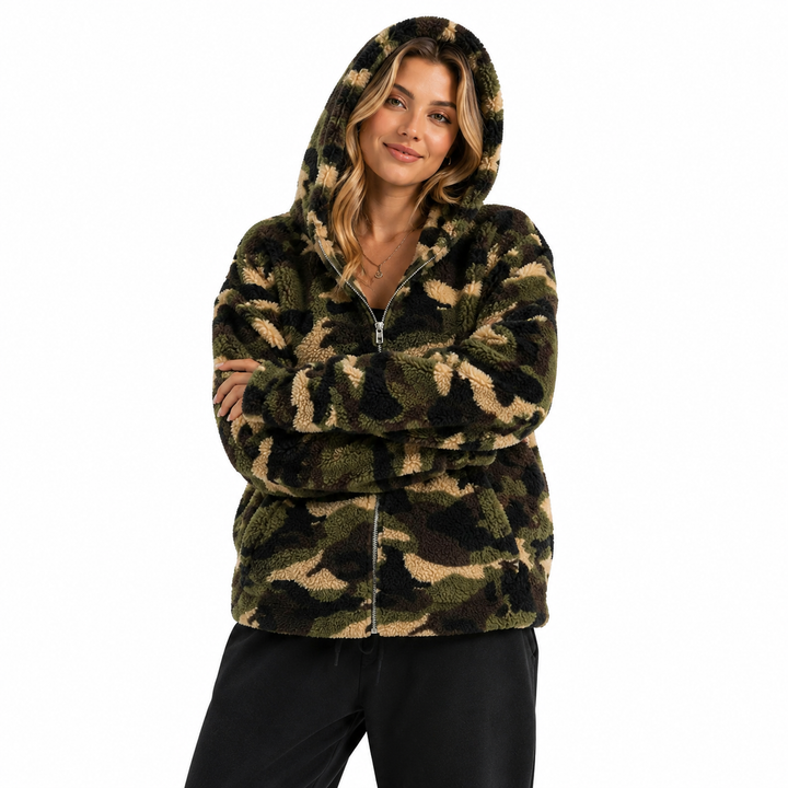 Camo zip-up hoodie for women designed with fuzzy texture, practical pockets and casual comfort for easy everyday layering now