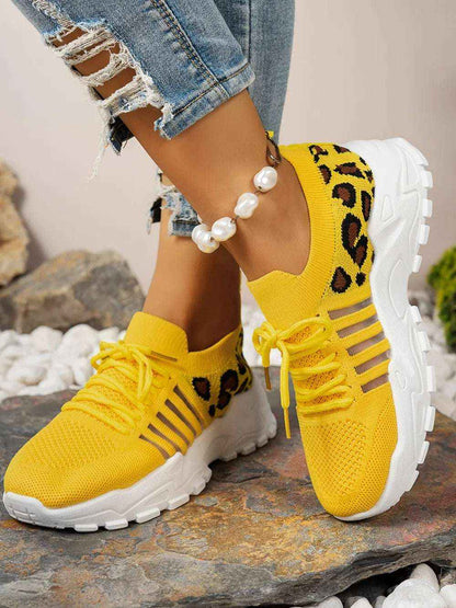 Leopard Cutout Mesh Lace-Up Sneakers - Stylish Flats