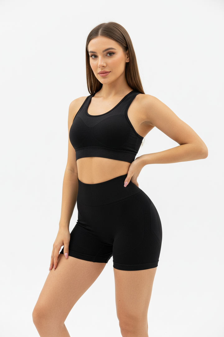  Women yoga gym shorts butt lift seamless red athletic activewear, side body view waistband and hip silhouette detail
