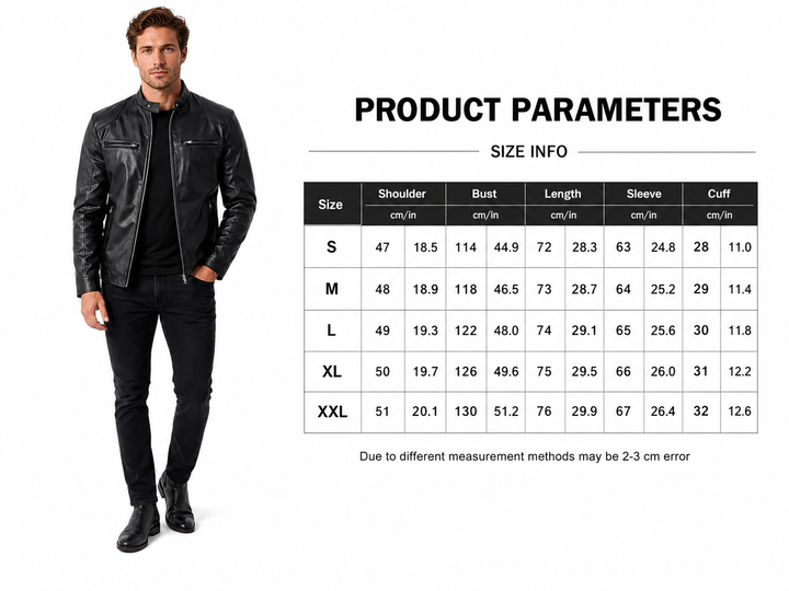Mens leather jacket in sizes S to XXL with genuine black leather, slim fit, stand collar and zip closure for versatile style