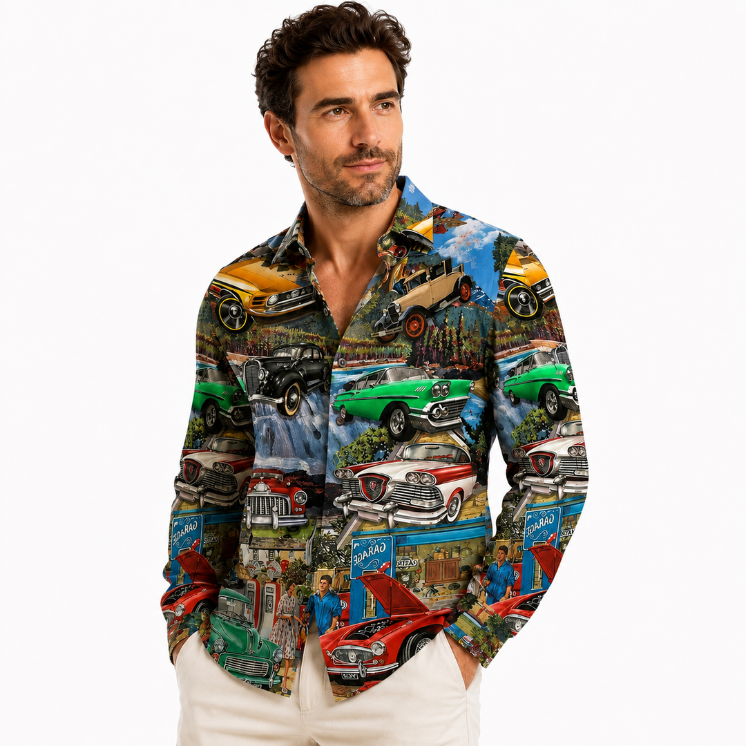 Retro car print men’s long sleeve shirt with bold statement design