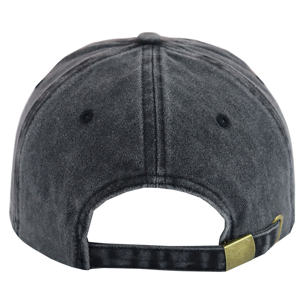 Back view of a gray cap with a gold tag on a white background
