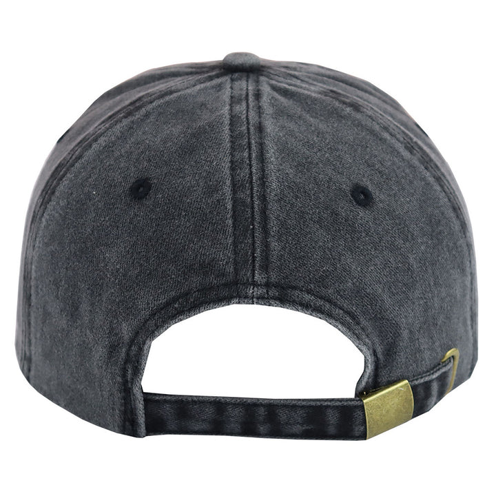 Back view of a gray cap with a gold tag on a white background