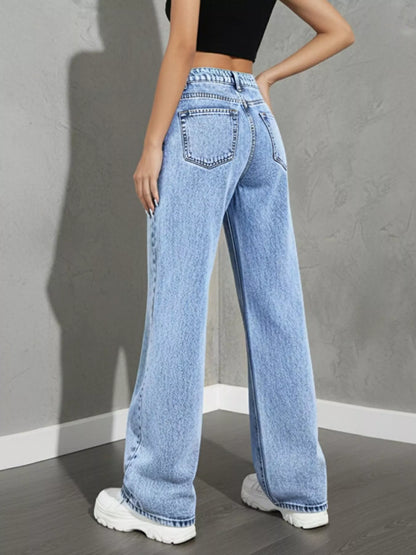 high waist wide leg jeans front pocket detail and seam lines in light blue denim styled for casual streetwear look
