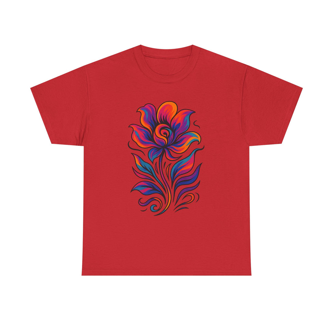 Red t-shirt with a colorful floral design on a white background