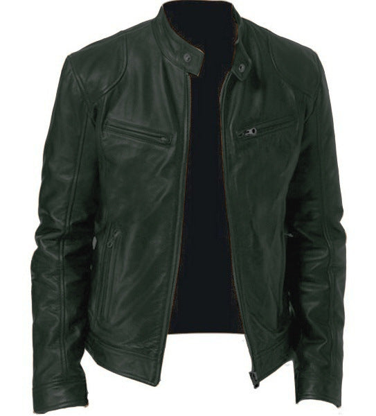 Men's PU Leather Jacket - Stand Collar, Zip Pockets Pro