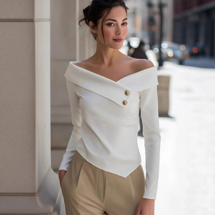 off shoulder long sleeve shirt black version with button detail styled for business dinner environment with soft lighting