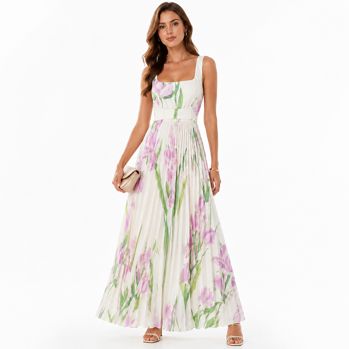 Sleeveless floral dress with high waist detail and lightweight skirt in lifestyle setting