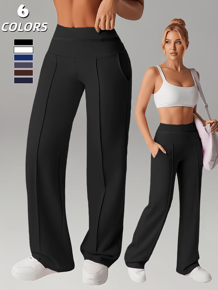 Supplier composite showing black trousers on a model and a large front view, with color swatches beside the high waist design