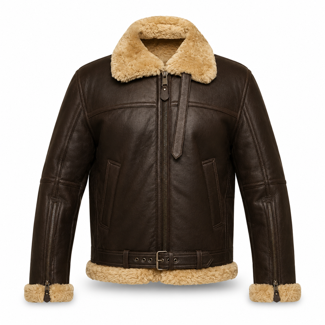 Brown leather jacket with beige fur collar and cuffs on a white background