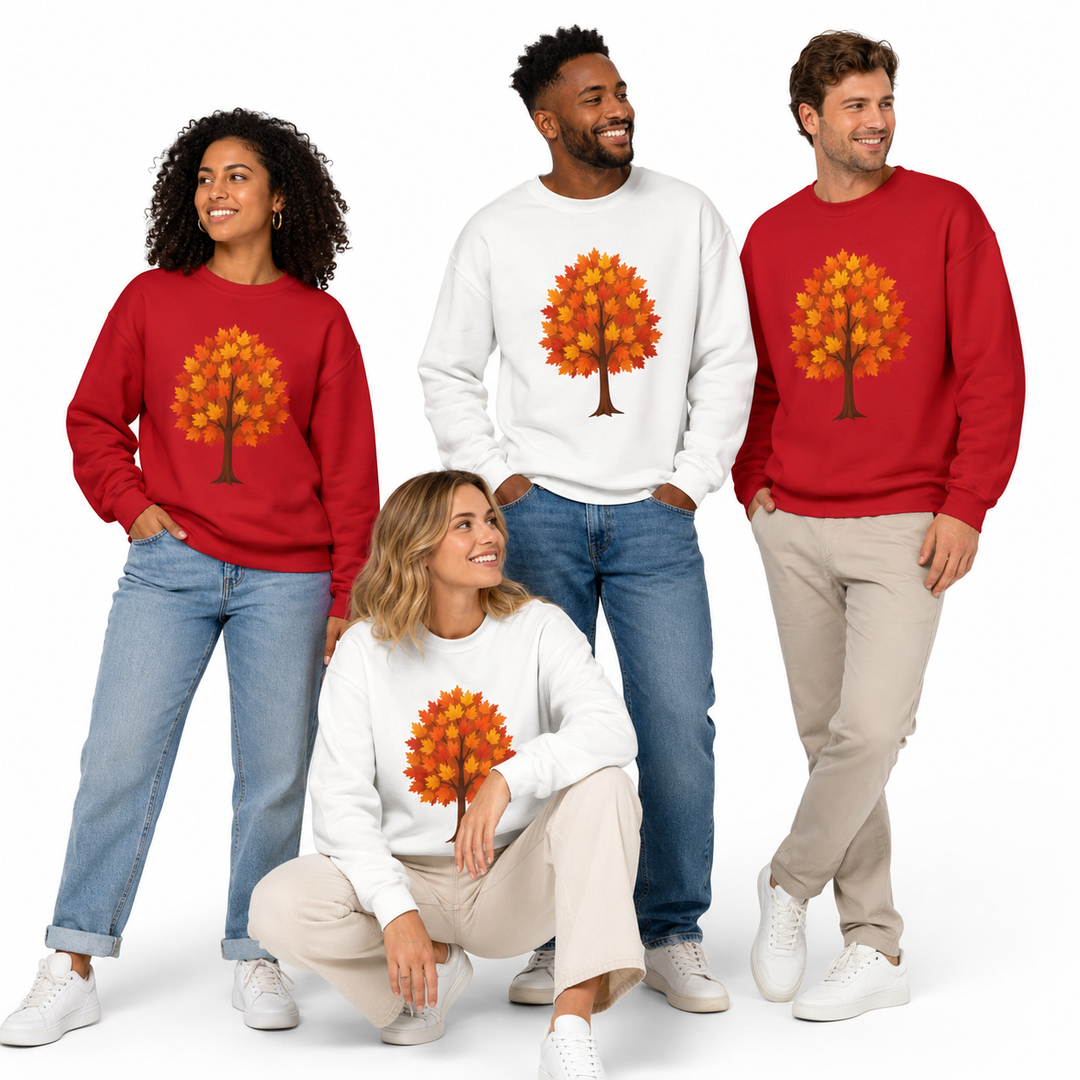 Fall graphic sweatshirt in a relaxed unisex fit featuring bold autumn foliage artwork for cool-weather casual outfit styling.