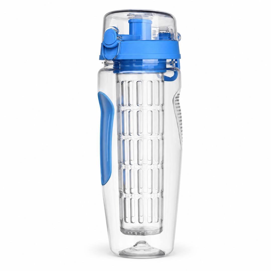 Clear water bottle with blue handle and lid on a white background