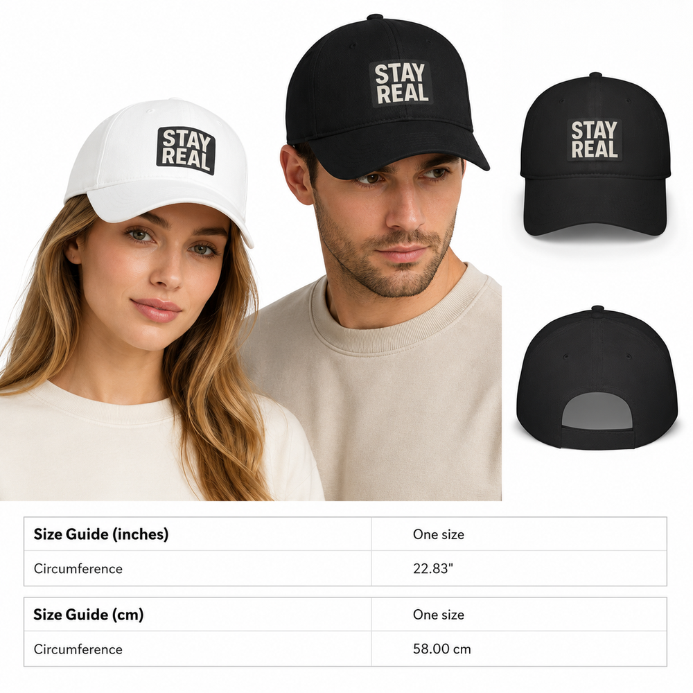 Stay Real cotton twill baseball cap with low profile fit, soft breathable feel and adjustable unisex back closure for comfort