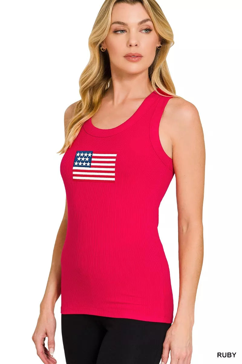 Women patriotic tank top ribbed texture USA flag print fitted sleeveless top for everyday wear

