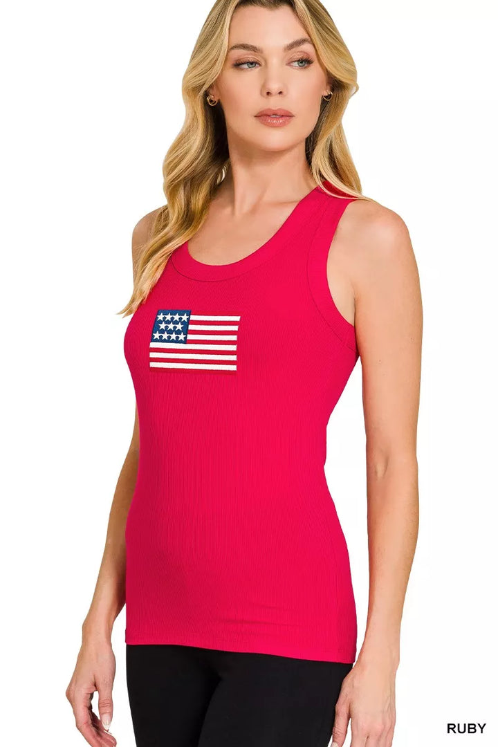 Women patriotic tank top ribbed texture USA flag print fitted sleeveless top for everyday wear
