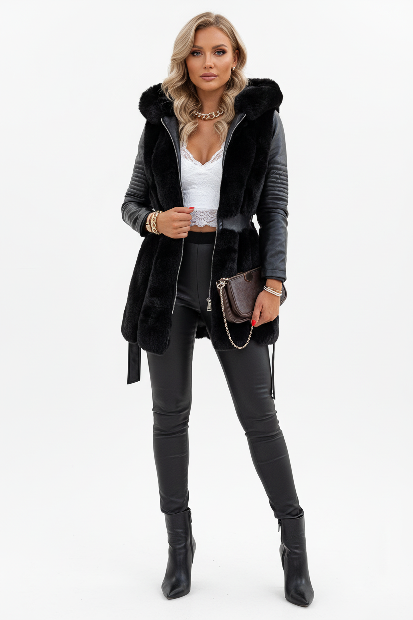 Women's faux fur hooded jacket zip front detail, dense plush pile texture closeup, premium winter outerwear
