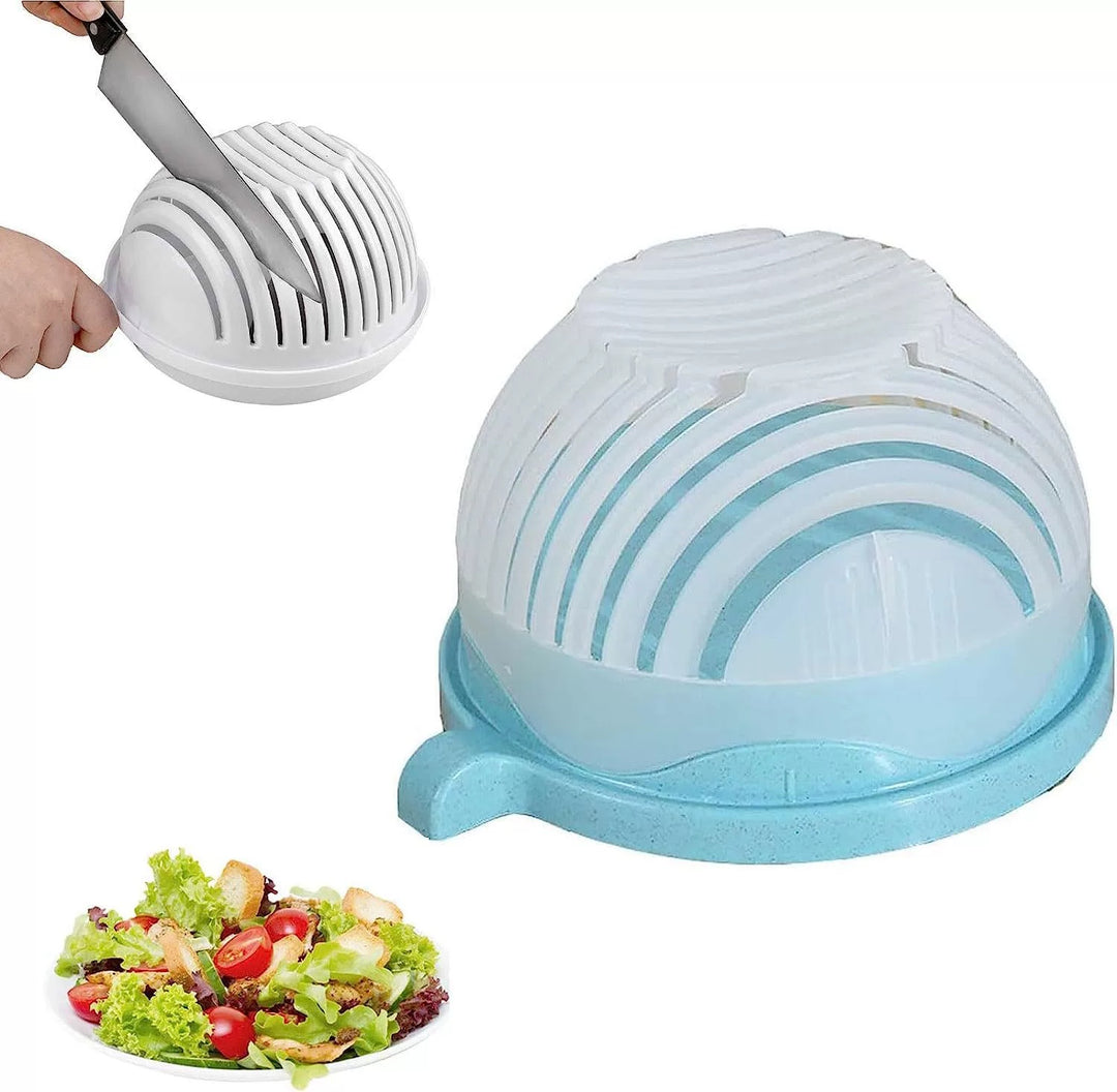 Flat-lay of the full salad cutter set: lid, base, and freshly chopped vegetables
