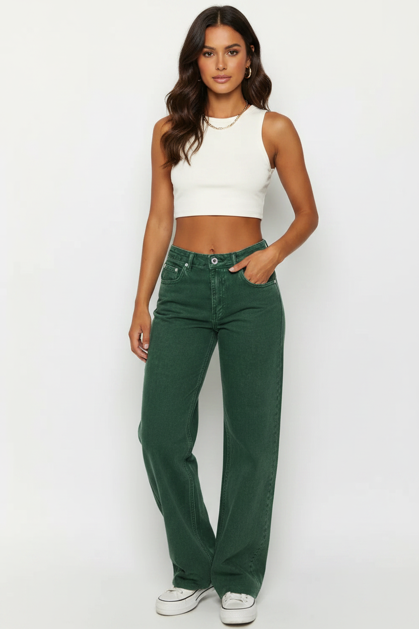 Front view of women's crossed waist raw hem jeans with pocketed design and a structured everyday denim fit