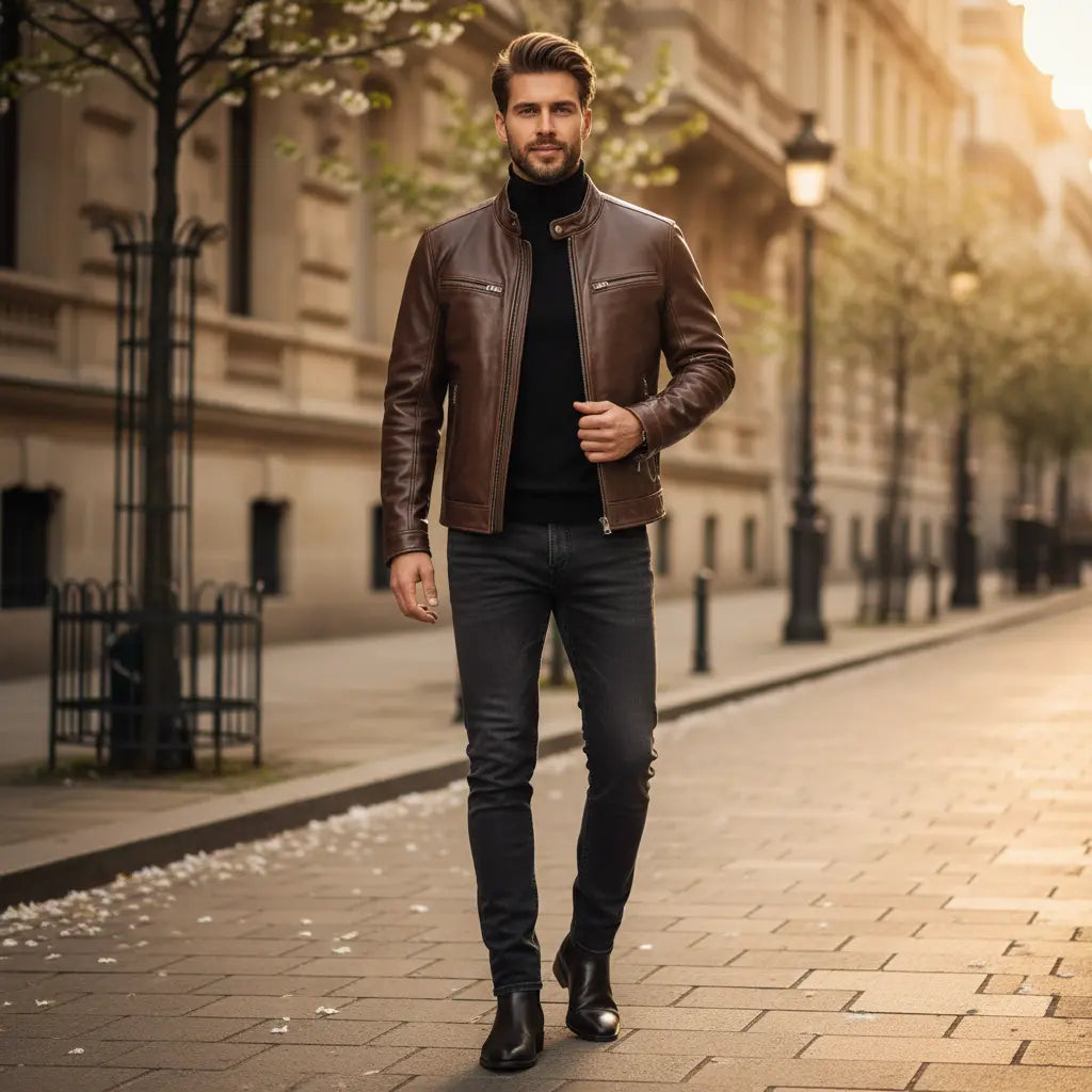 faux leather motorcycle jacket men structured shoulders detail