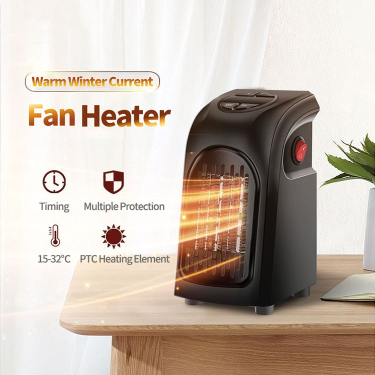 Small plug in wall heater with rotatable EU wall plug for direct outlet placement in compact home, office or travel settings.
