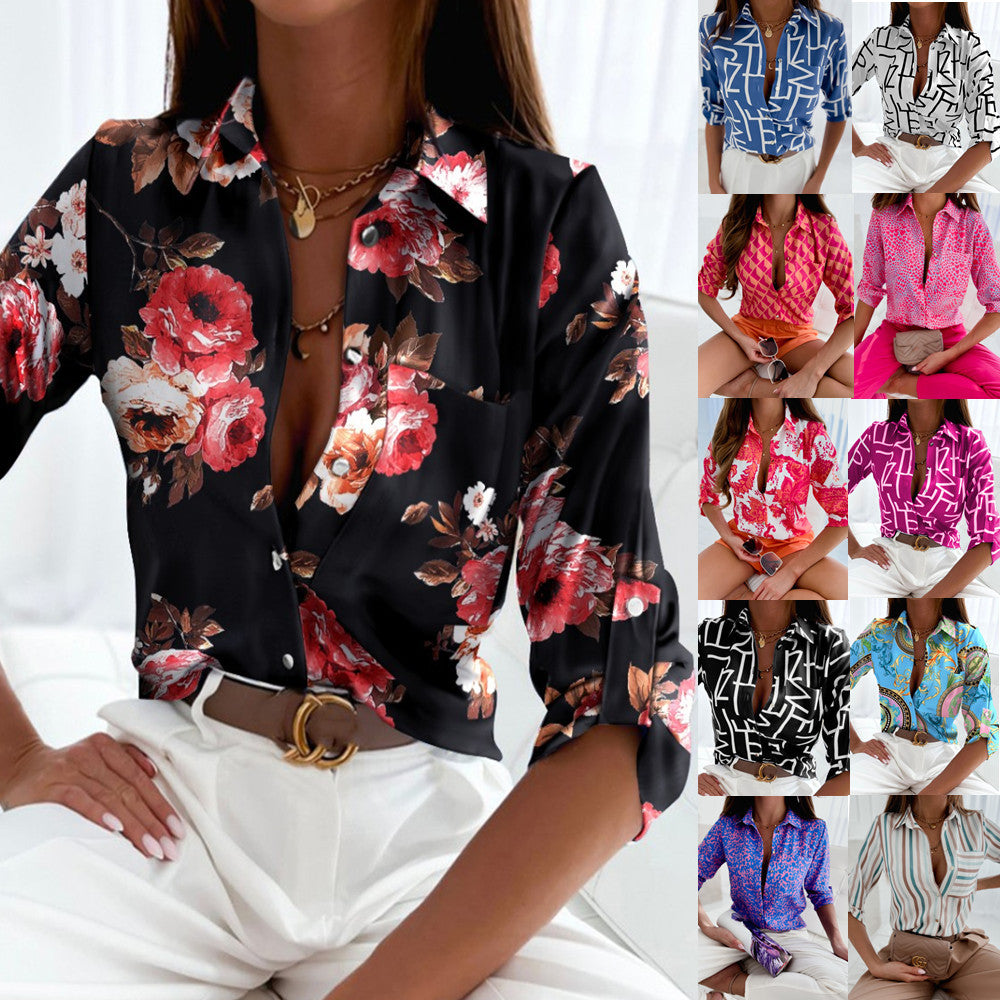 Lapel Long Sleeve Shirt pink flowers on black background front torso detail