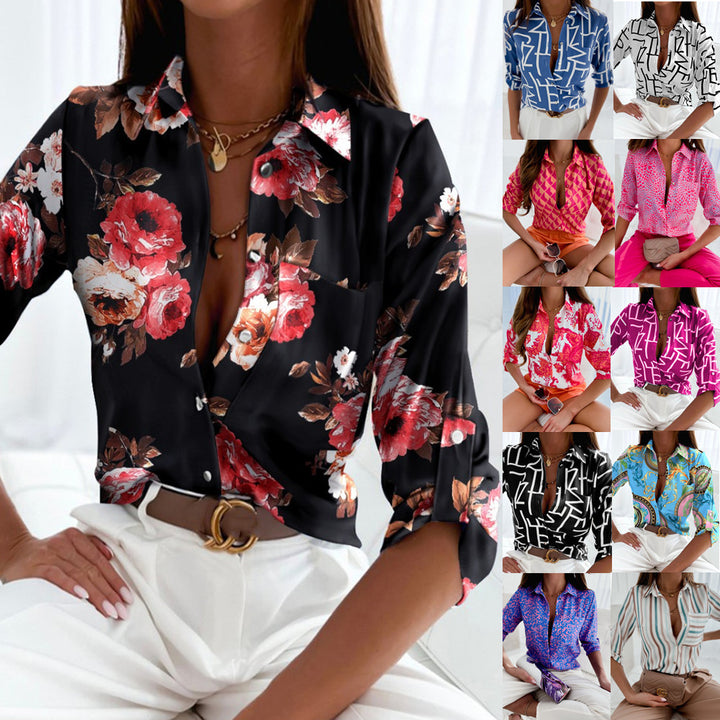 Lapel Long Sleeve Shirt pink flowers on black background front torso detail