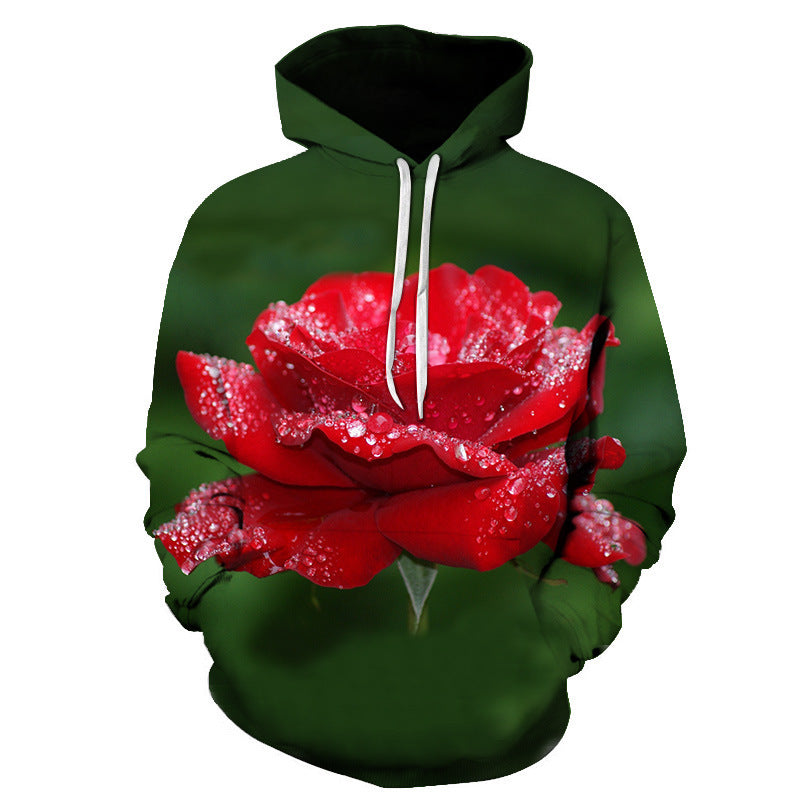 Rose Hoodie with Floral Print and Loose Fit Long Sleeve