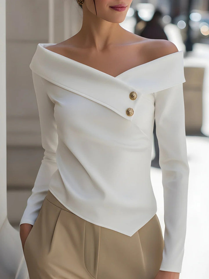 off shoulder long sleeve shirt front view showcasing solid color pullover construction and structured fall