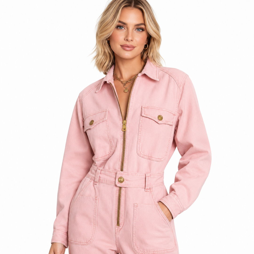 Western-inspired pink jumpsuit for women with a zip-up front, long sleeves and straight legs in a clean retro-inspired style.