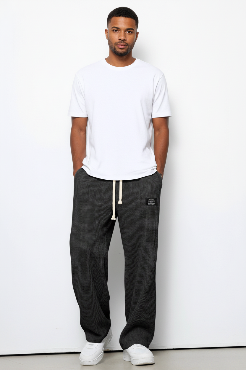 Men's Waffle Straight Pants Loose Drawstring Fit Style!