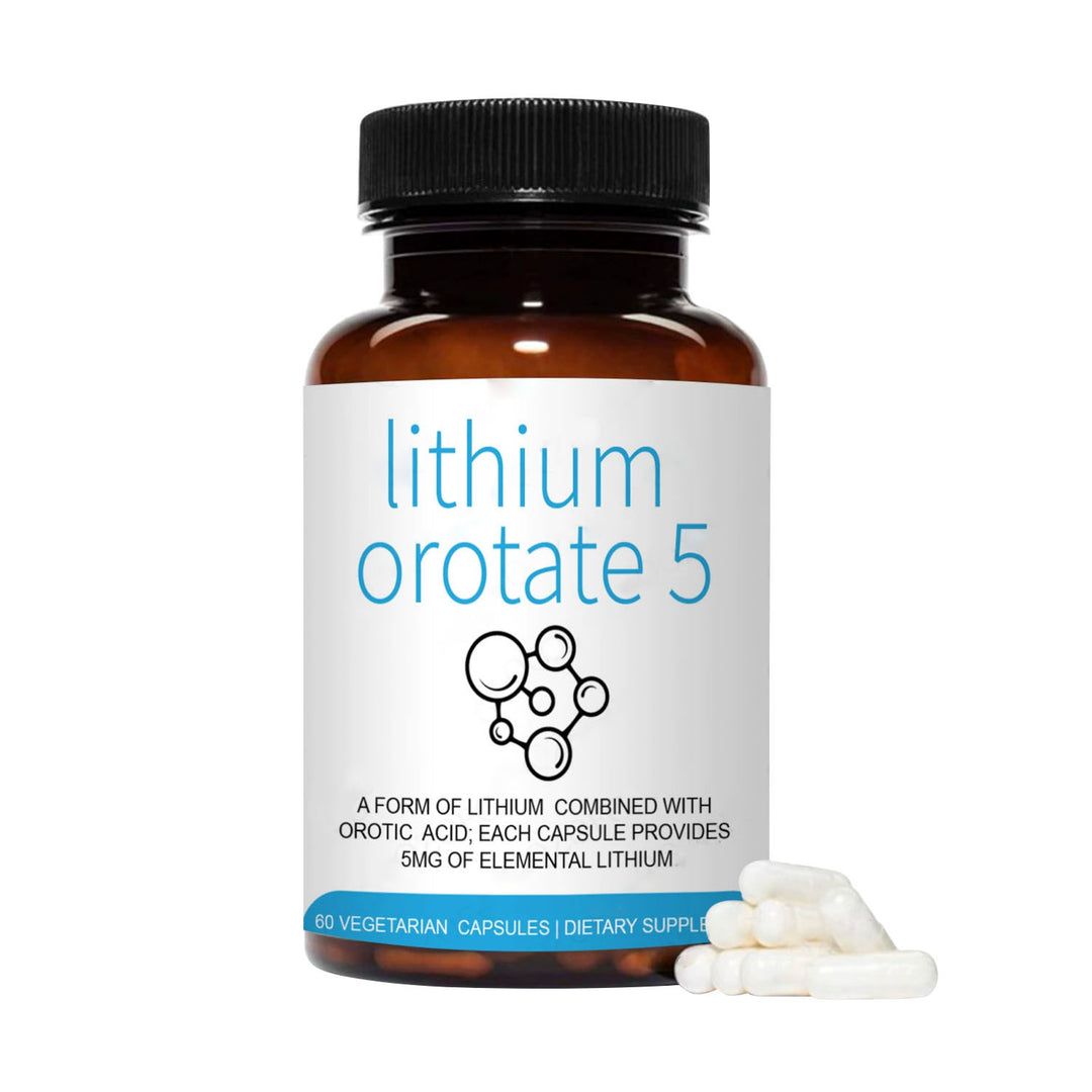 lithium orotate capsules 60 count dietary supplement clean packaging