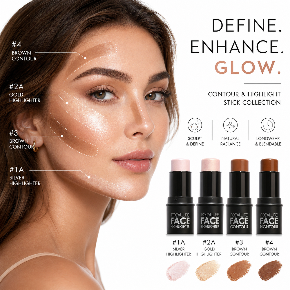 Compact face contour highlighter stick set with 63mm tube height and 26mm base width for easy beauty bag storage in daily use