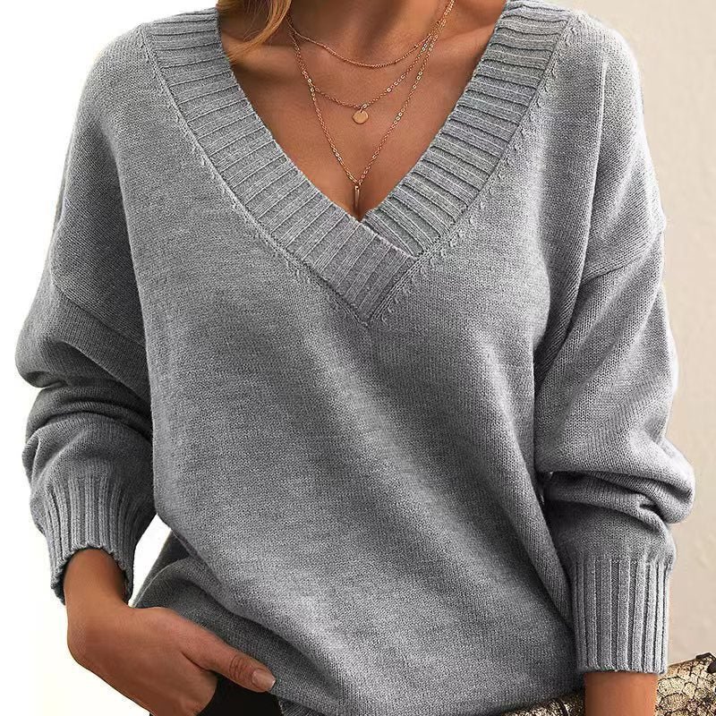 Women’s V-Neck Sweater   Cozy Loose Knit for Autumn & Winter