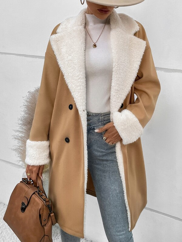 Khaki Woolen Coat Women Elegant Minimal Polyester Fit