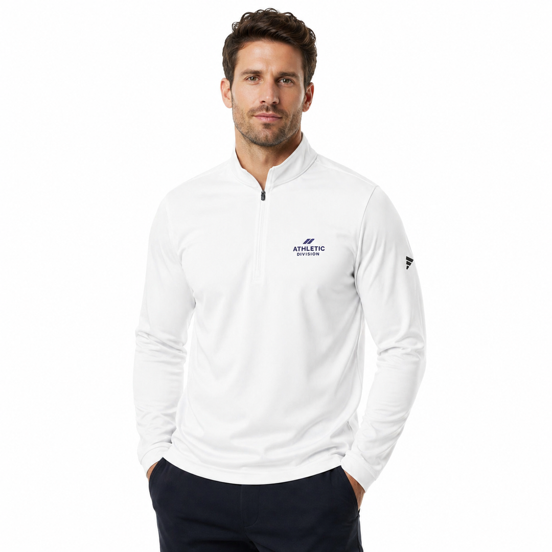 Front-facing model shot of men's quarter zip pullover in a clean ecommerce setting