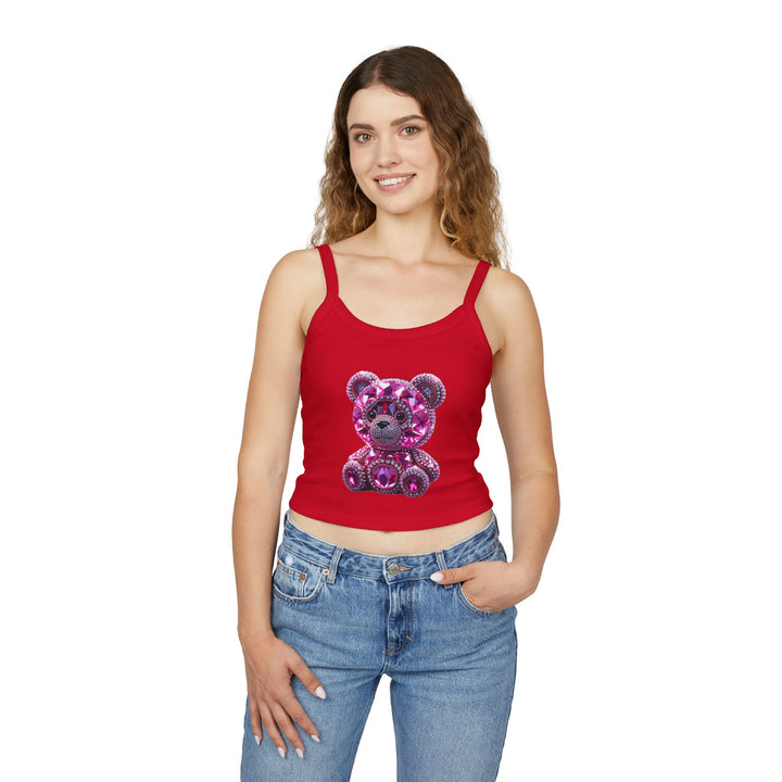Woman wearing a red tank top with a teddy bear design on a white background
