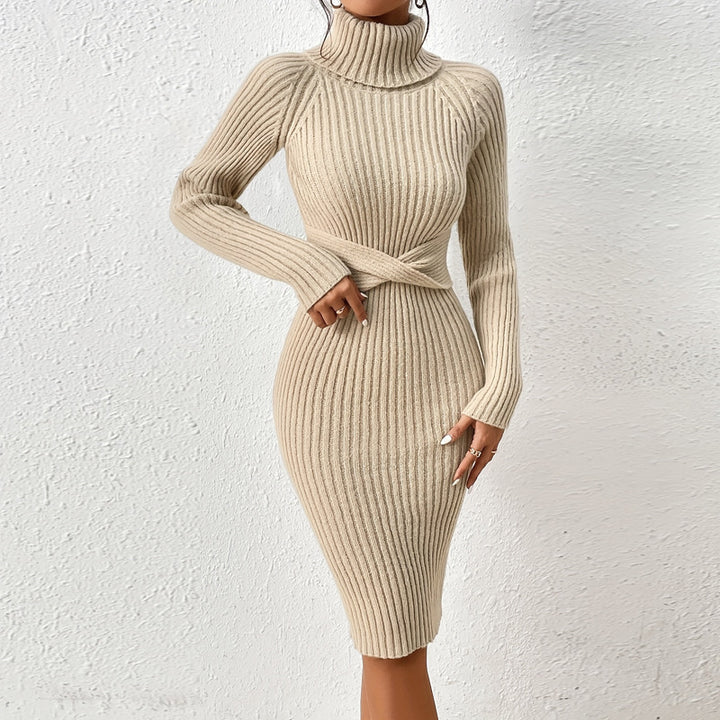 bodycon turtleneck dress khaki back view regular sleeves single piece combination form