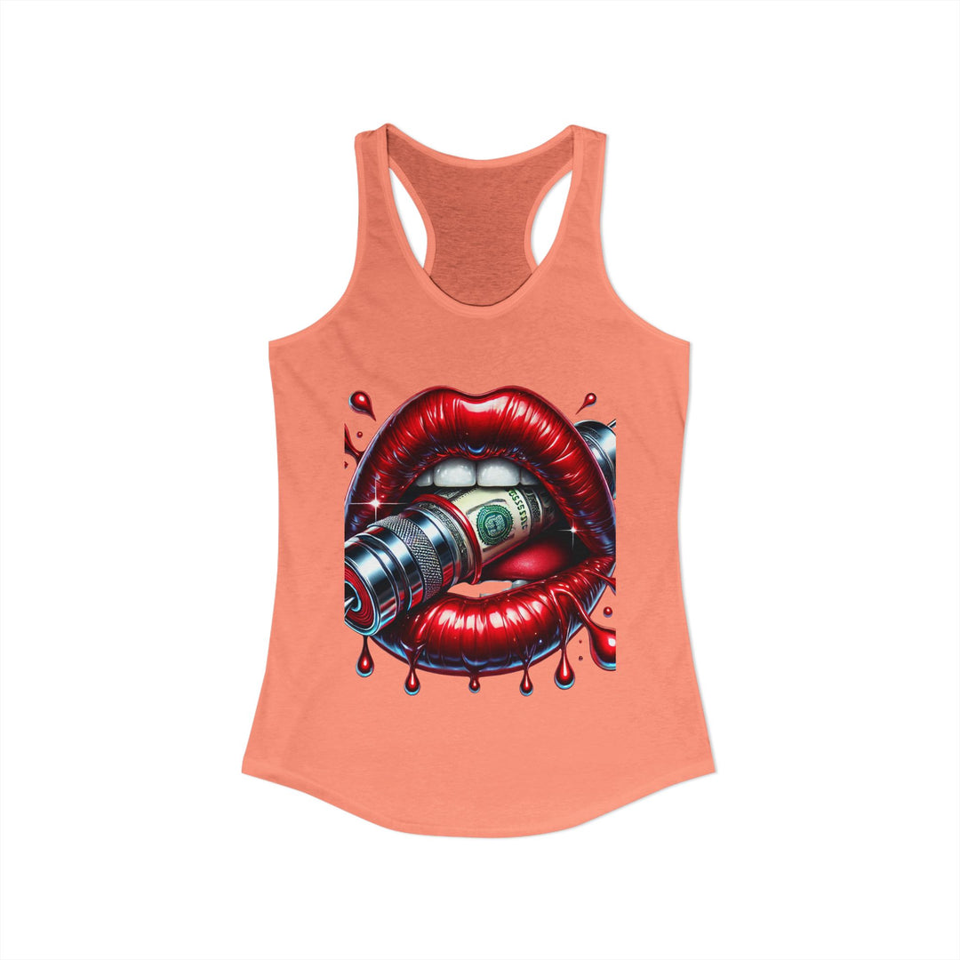 Peach tank top with a graphic design of red lips holding a dollar bill on a white background