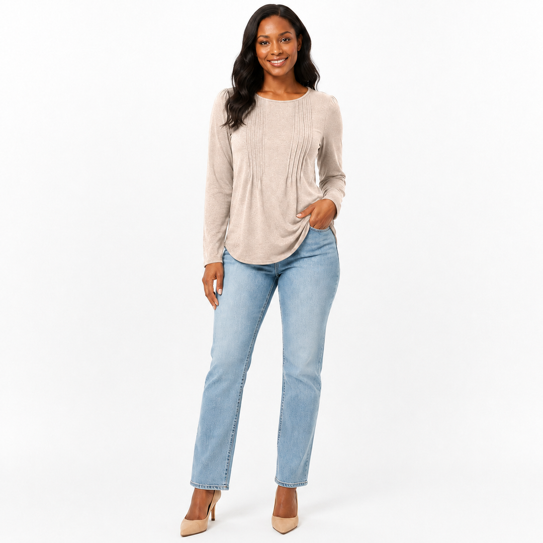 Women's beige long sleeve crew neck top in polyester with regular sleeves, a regular fit and plain styling in sizes S to XXL.