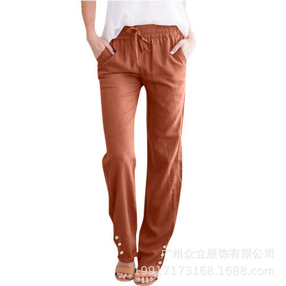 Women’s Cotton Linen Wide-Leg Trousers–Drawstring Pants