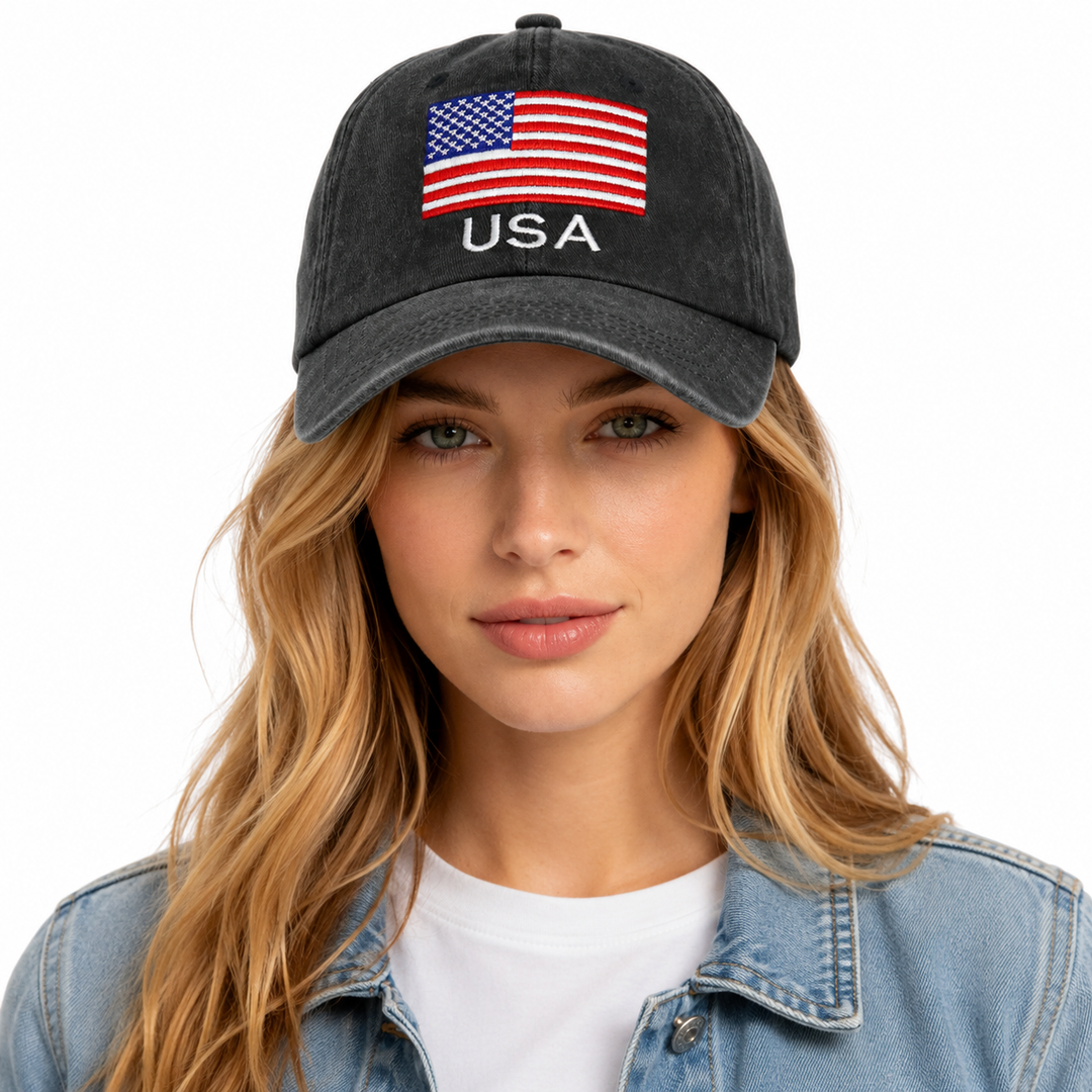 American flag baseball cap 2-pack in washed cotton with USA embroidery, distressed finish and adjustable metal buckle detail.
