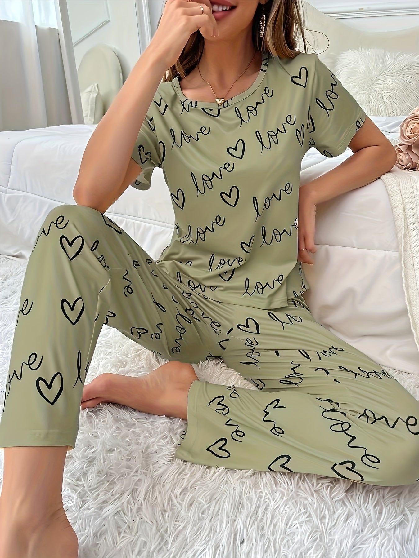 alphabet print pajama set close up of crew neck and micro elastic knit fabric texture for women