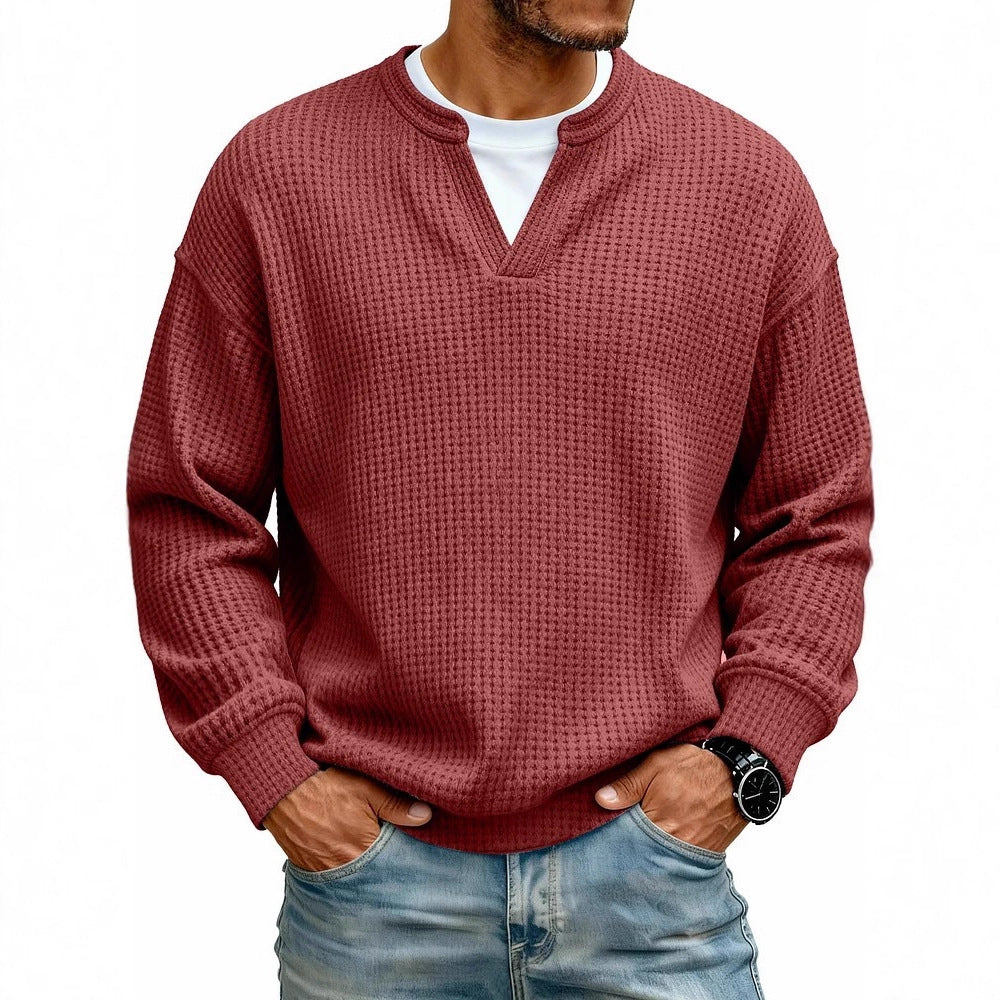 Mens waffle long sleeve shirt styled for casual layering with a modern minimal look
