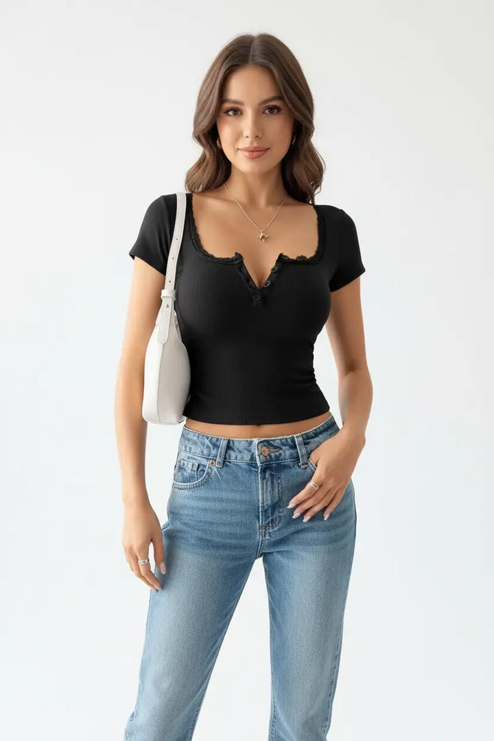 lace trim slim fit top plus size confident pose highlighting slim structured fit premium aesthetic