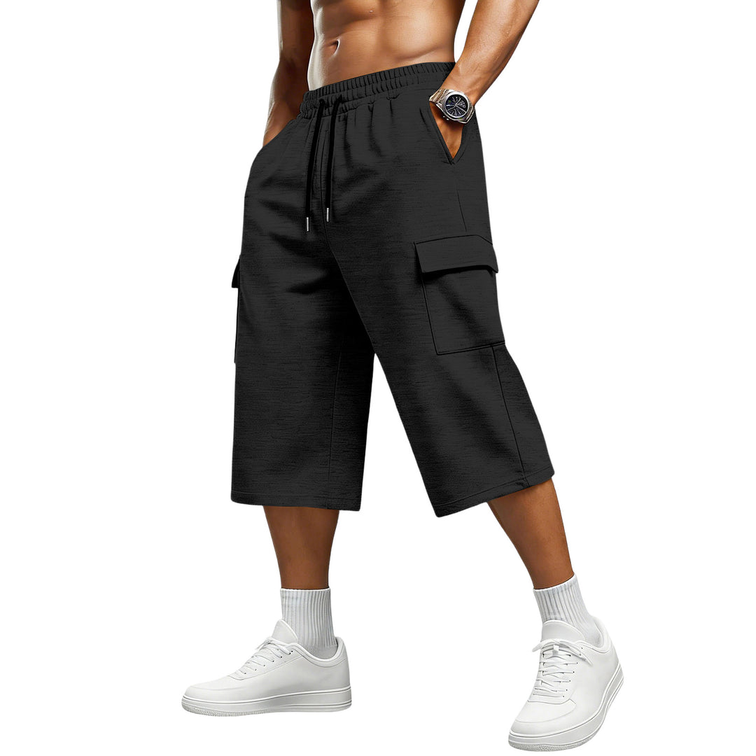 Black mens cargo shorts with cropped straight-leg design, adjustable drawstring and side pocket for casual sport styles style