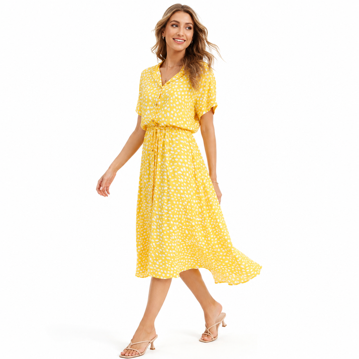 Polka dot chiffon summer dress styled with sandals for brunch, vacation dinner and relaxed feminine everyday wear looks easy.