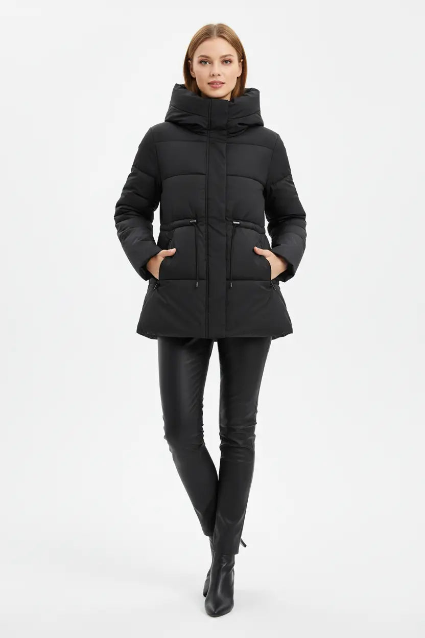 women’s mid-length hooded cotton coat hood detail regular sleeve minimal design aesthetic